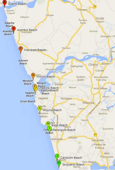 North Goa Beaches map: top beaches in Goa