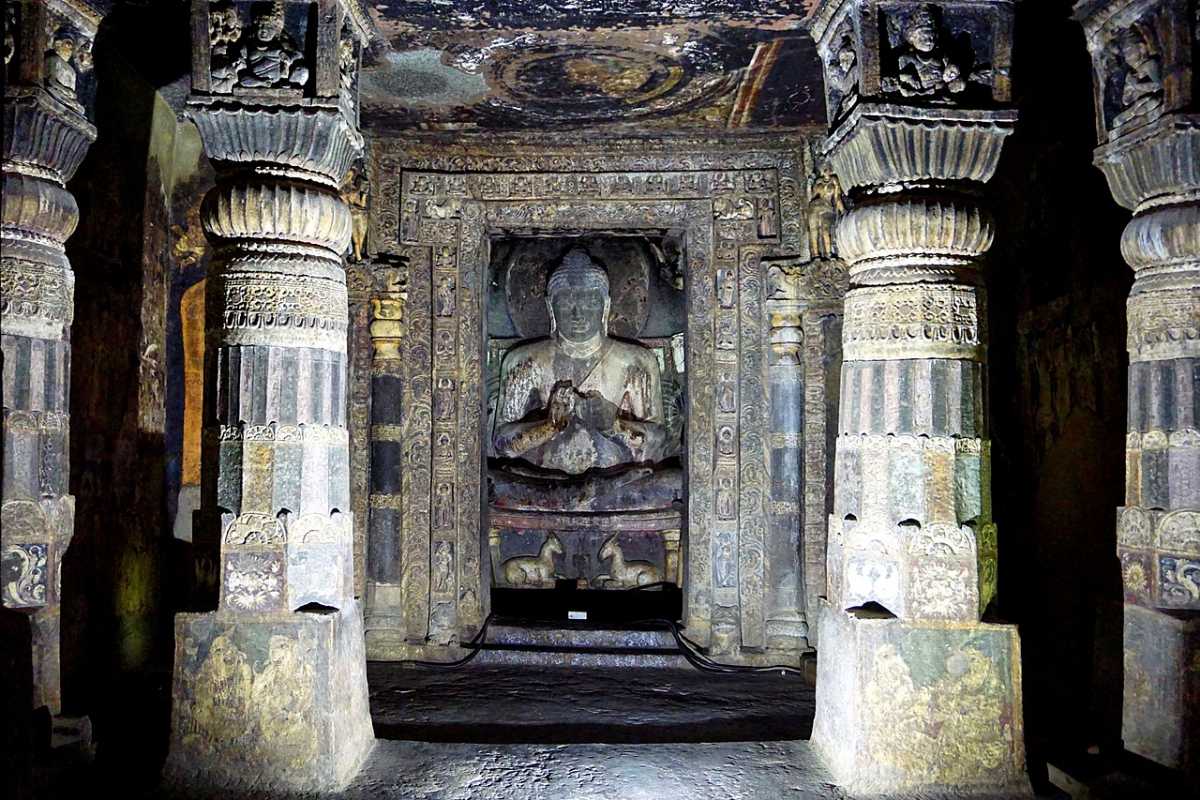 Exterior view and inside the hall with seated Buddha statue, Cave 17